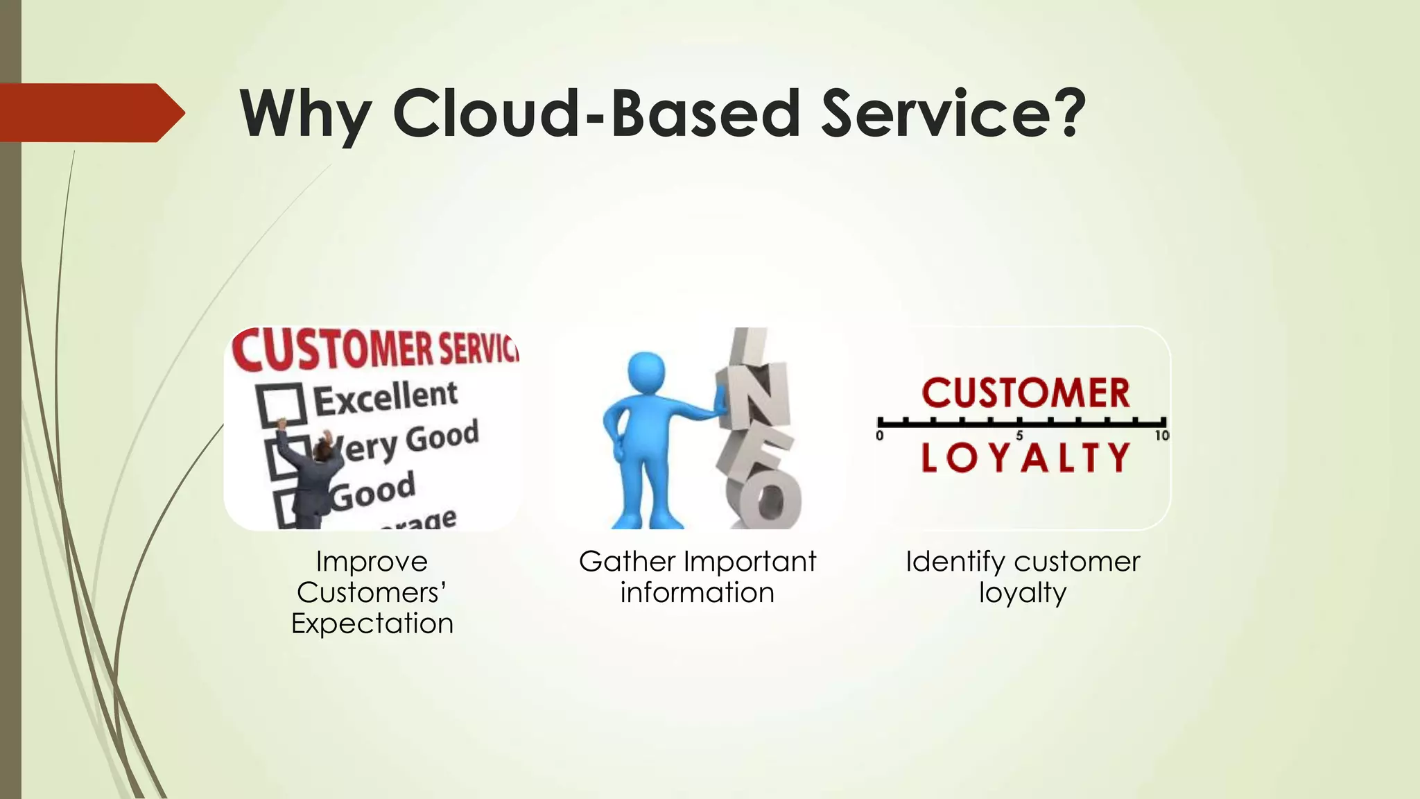 Why Cloud-Based Service?
Improve
Customers’
Expectation
Gather Important
information
Identify customer
loyalty
 