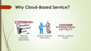 Why Cloud-Based Service?
Improve
Customers’
Expectation
Gather Important
information
Identify customer
loyalty
 