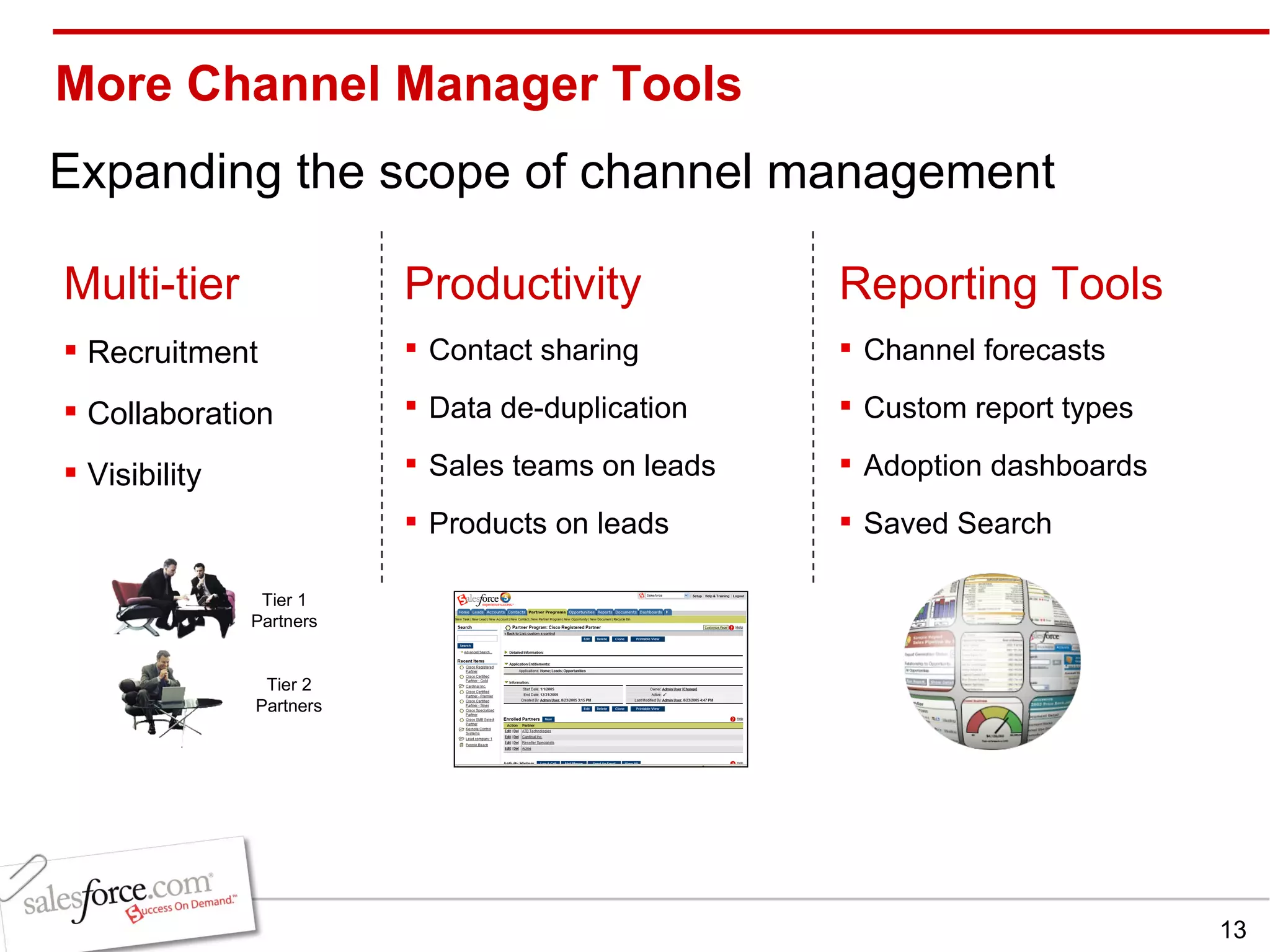 More Channel Manager Tools Multi-tier Recruitment Collaboration Visibility  Reporting Tools Channel forecasts Custom report types Adoption dashboards Saved Search Productivity Contact sharing Data de-duplication Sales teams on leads Products on leads Expanding the scope of channel management Tier 2 Partners Tier 1 Partners 
