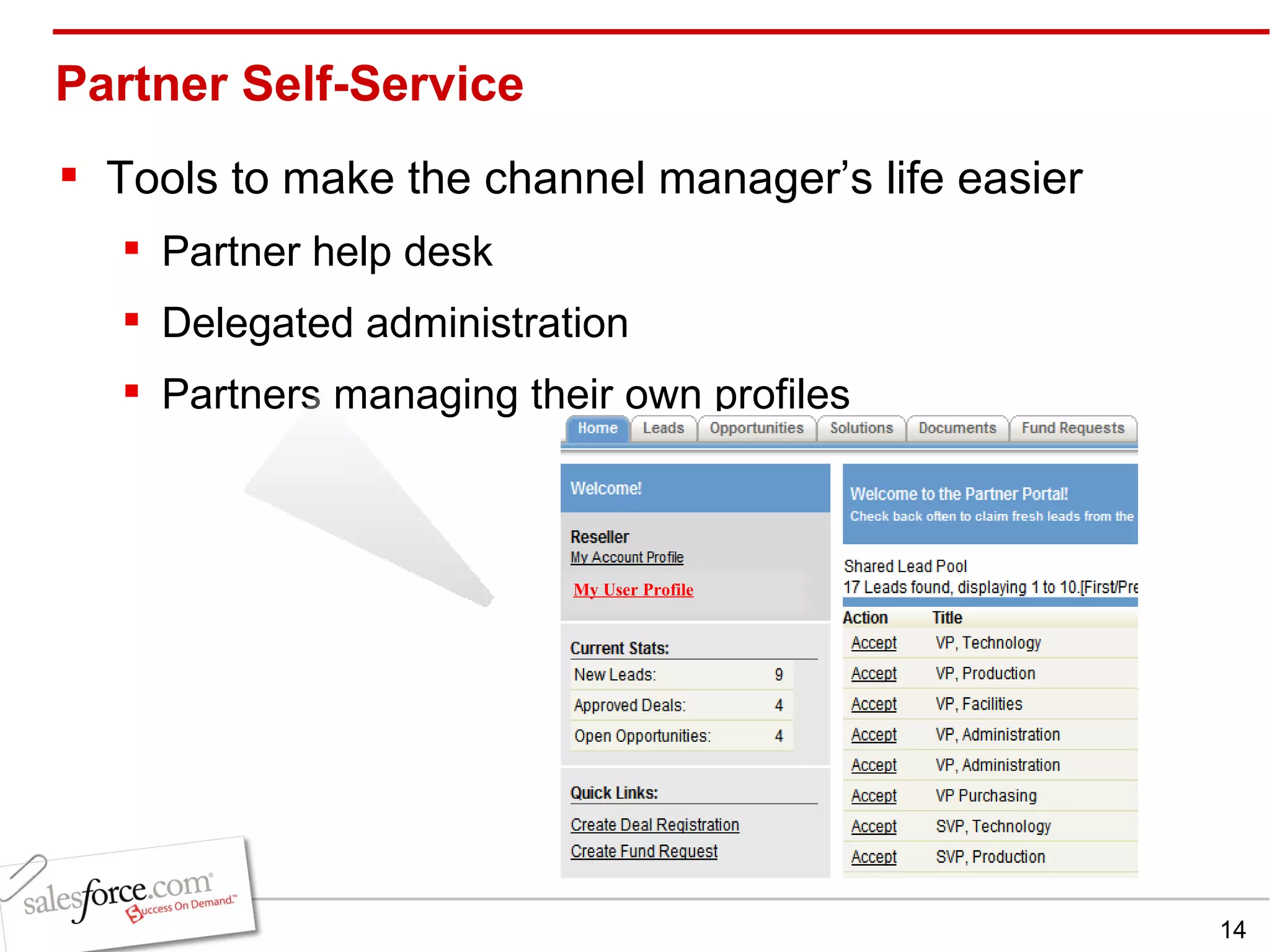 Partner Self-Service Tools to make the channel manager’s life easier Partner help desk Delegated administration Partners managing their own profiles My User Profile 