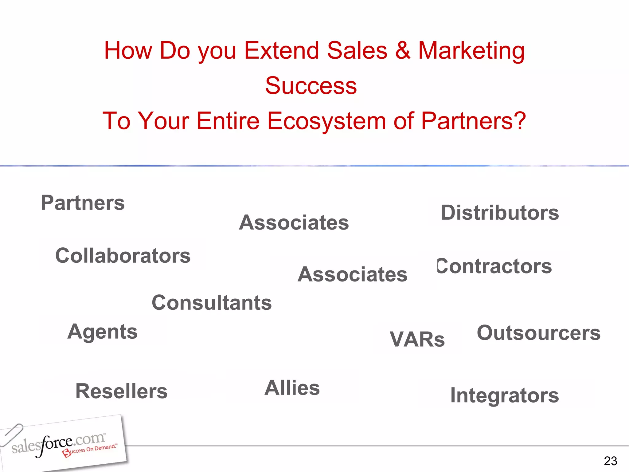 How Do you Extend Sales & Marketing Success  To Your Entire Ecosystem of Partners? Distributors Partners Resellers Agents Integrators VARs Contractors Allies Collaborators Associates Outsourcers Associates Consultants 