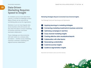 Creating effective data visualizations/reports
Applying learnings to marketing strategies
Connecting marketing investments to business outcomes
Optimizing campaigns in real time
Cross-channel marketing insights
1
2
3
4
5
Collaboration with other teams
6
Personalizing content/offers
7
Customer journey insights
8
Audience segmentation insights
9
SALESFORCE RESE ARCH 18
MARKETING INTELLIGENCE REPORT, 3RD
EDITION
05
As marketers pursue more data-driven
cultures, a number of challenges surface.
Many of these can be overcome by
centralizing data across the organization.
Marketers must not only integrate data
across business units and sources, but
also share this data to connect marketing
to business outcomes, and foster
teamwide collaboration.
These challenges are interconnected,
with both reliant on a cohesive data
foundation – whether across marketing
channels or between marketing and
aligned business stakeholders.
Data-Driven
Marketing Requires
Speed to Insight
Top Challenges Faced with Data Analysis and Optimization
Marketing Strategies Require Connected Cross-Channel Insights
Respondents were allowed to select up to three responses.
 