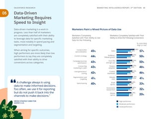 SALESFORCE RESE ARCH 19
MARKETING INTELLIGENCE REPORT, 3RD
EDITION
Sales
58%
46%
37%
57%
05
Data-driven marketing is a work in
progress. Less than half of marketers
are completely satisfied with their ability
to leverage data for specific marketing
tasks, most notably in spend pacing and
segmentation and targeting.
When aiming for specific outcomes,
high performers are more likely than low
performers to say they are completely
satisfied with their ability to drive
conversions across categories.
Data-Driven
Marketing Requires
Speed to Insight
Marketers Completely
Satisfied with Their Ability to Use
Data for the Following
Marketers Paint a Mixed Picture of Data Use
Marketers Completely Satisfied with Their
Ability to Drive the Following Conversions
High performers
Moderate performers
Underperformers
% more likely
(high vs. low)
Website
visits
52%
51%
37%
41%
Audience/
follower growth
51%
46%
34%
50%
Product
adoption
51%
44%
35%
46%
Ecommerce
transactions
50%
45%
38%
32%
51%
Content
downloads
45%
35%
46%
Form fills
and sign-ups
51%
44%
34%
50%
Mobile
opt-ins
48%
41%
40%
20%
Email
opt-ins
48%
42%
36%
33%
Lead generation/
scoring
Content/offer
personalization
Content strategy
Campaign/journey
optimization
Connecting
marketing to sales
Segmentation and
targeting
Spend pacing
45%
41%
44%
43%
42%
43%
40%
A challenge always is using
data to make informed decisions.
Too often, we use it for reporting
but do not push it back into the
channels to make decisions.”
MEDIA STRATEGY DIRECTOR
AGENCY; U.K.
 
