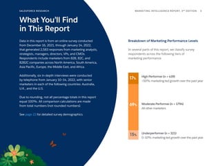 What You’ll Find
in This Report
Data in this report is from an online survey conducted
from December 16, 2021, through January 14, 2022,
that generated 2,583 responses from marketing analysts,
strategists, managers, directors, VPs, and CMOs.
Respondents include marketers from B2B, B2C, and
B2B2C companies across North America, South America,
Asia Pacific, Europe, the Middle East, and Africa.
Additionally, six in-depth interviews were conducted
by telephone from January 10–14, 2022, with senior
marketers in each of the following countries: Australia,
U.K., and the U.S.
Due to rounding, not all percentage totals in this report
equal 100%. All comparison calculations are made
from total numbers (not rounded numbers).
See page 22 for detailed survey demographics.
Breakdown of Marketing Performance Levels
In several parts of this report, we classify survey
respondents across the following tiers of
marketing performance.
Underperformer (n = 321)
0–10% marketing-led growth over the past year
High Performer (n = 439)
>50% marketing-led growth over the past year
Moderate Performer (n = 1794)
All other marketers
17%
69%
15%
SALESFORCE RESE ARCH 3
MARKETING INTELLIGENCE REPORT, 3RD
EDITION
 