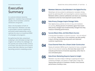 * Salesforce State of the Connected Customer, October 2020.
SALESFORCE RESE ARCH 5
MARKETING INTELLIGENCE REPORT, 3RD
EDITION
Executive
Summary
As customer behavior becomes
digital-first,*
marketers have embraced
equally critical mandates: customer
satisfaction and growth.
Data is the foundation of both of
these objectives. Marketers use data
to personalize customer experiences
and build trusted relationships, and to
optimize the return on investment (ROI)
of campaigns and programs.
But gathering that data, preparing it,
analyzing it, and ultimately turning it into
insights is not without its challenges. As
the quantity and variety of data continue
to increase, and rules and norms around
privacy take hold, effective use of data is
becoming central to marketing success.
Marketers Welcome a Dual Mandate in the Digital-First Era
Marketing’s role has evolved to satisfying two mandates: driving
growth by optimizing ROI, and improving the customer experience.
Marketers define customer satisfaction and return on marketing
investment as the two most important success metrics.
01
Data Privacy Changes Inspire Strategic Shifts
New digital privacy policies are here to stay, and marketers
are pivoting. Ninety percent of marketers agree that recent
data privacy changes have fundamentally changed how they
measure marketing performance.
02
Success Means Data, and Data Means Success
A strong data foundation is critical to success — but not without
its challenges. Nearly four in five marketers say data quality
is key to driving marketing-led growth and improved
customer experiences.
03
Data-Driven Marketing Requires Speed to Insight
Marketers' top data analysis challenge is applying learnings to
marketing strategies, and speed to insight plays a large role.
Twenty-seven percent of marketers monitor cross-channel
performance monthly or less.
05
Cross-Channel Views Are a Dream Under Construction
Nearly all marketers (98%) say it’s important to have a complete
view of cross-channel marketing. Yet more than seven in 10
evaluate performance of channels separately, rather than in
one centralized place.
04
 