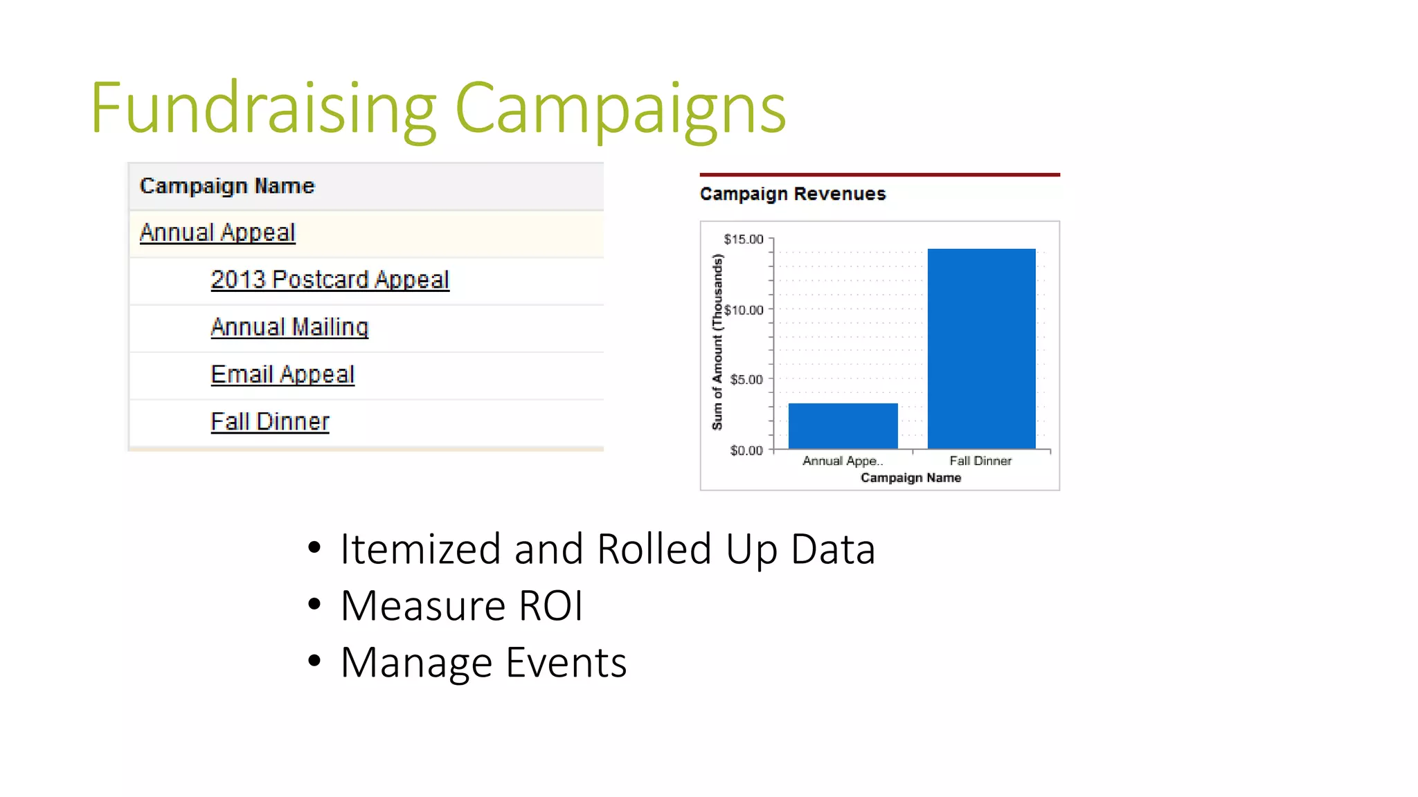 Fundraising Campaigns 
• Itemized and Rolled Up Data 
• Measure ROI 
• Manage Events 
 