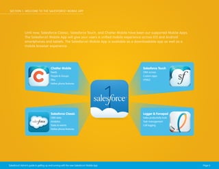 SECTION 1: CUSTOMERTO THE SALESFORCE1 MOBILE APP
WELCOME APPS

Until now, Salesforce Classic, Salesforce Touch, and Chatter Mobile have been our supported Mobile Apps.
The Salesforce1 Mobile App will give your users a unified mobile experience across iOS and Android
smartphones and tablets. The Salesforce1 Mobile App is available as a downloadable app as well as a
mobile browser experience.

Chatter Mobile

Salesforce Touch

Feeds
People & Groups
Files
Native phone features

CRM access
Custom apps
HTML5

Salesforce Classic

Logger & Forcepad

CRM data
Analytics
Tasks & events
Native phone features

Sales productivity tools
Task management
Call logging

Salesforce1 Admin’s guide to getting up and running with the new Salesforce1 Mobile App

Page 6

 