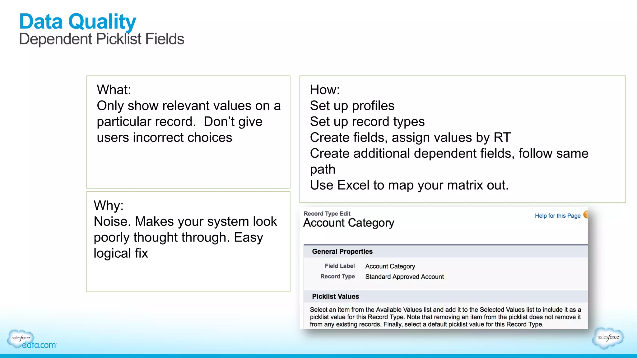 Data Quality
Dependent Picklist Fields
What:
Only show relevant values on a
particular record. Don’t give
users incorrect choices
Why:
Noise. Makes your system look
poorly thought through. Easy
logical fix
How:
Set up profiles
Set up record types
Create fields, assign values by RT
Create additional dependent fields, follow same
path
Use Excel to map your matrix out.
 
