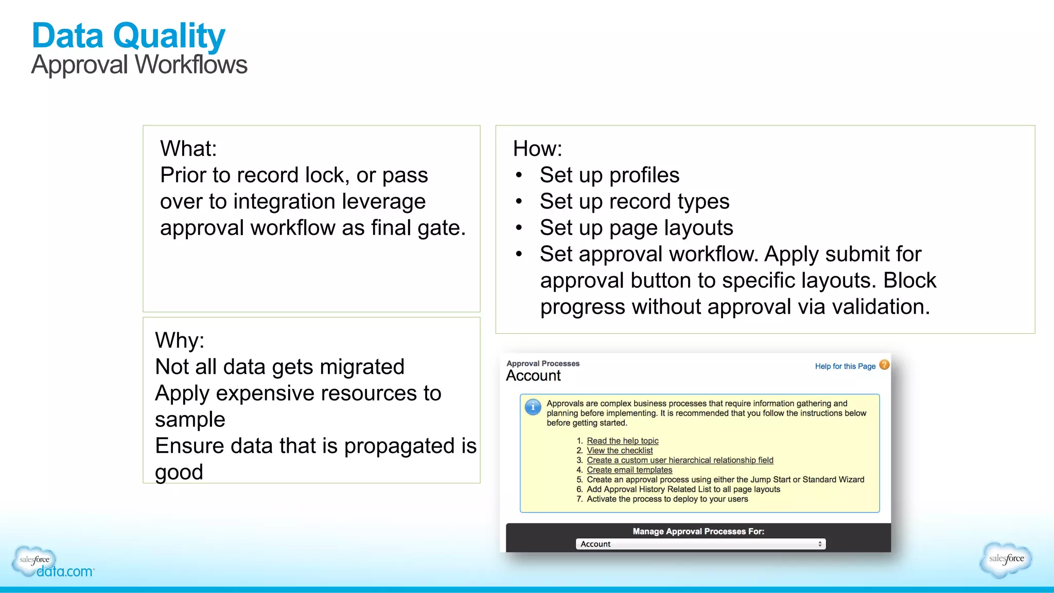 Data Quality
Approval Workflows
What:
Prior to record lock, or pass
over to integration leverage
approval workflow as final gate.
Why:
Not all data gets migrated
Apply expensive resources to
sample
Ensure data that is propagated is
good
How:
•  Set up profiles
•  Set up record types
•  Set up page layouts
•  Set approval workflow. Apply submit for
approval button to specific layouts. Block
progress without approval via validation.
 