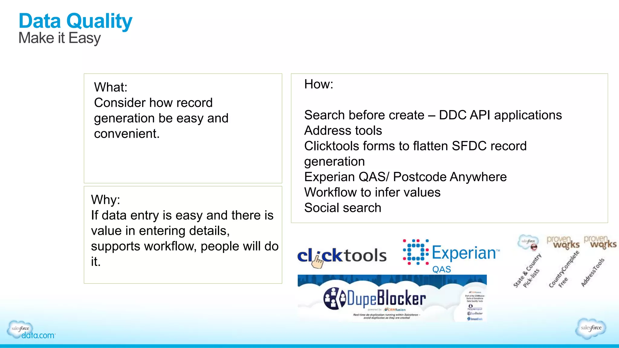 Data Quality
Make it Easy
What:
Consider how record
generation be easy and
convenient.
Why:
If data entry is easy and there is
value in entering details,
supports workflow, people will do
it.
How:
Search before create – DDC API applications
Address tools
Clicktools forms to flatten SFDC record
generation
Experian QAS/ Postcode Anywhere
Workflow to infer values
Social search
 
