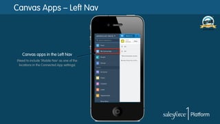 Canvas Apps – Left Nav

Canvas apps in the Left Nav
(Need to include ‘Mobile Nav’ as one of the
locations in the Connected App settings)

 