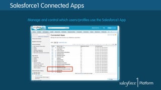 Salesforce1 Connected Apps
Manage and control which users/profiles use the Salesforce1 App

 