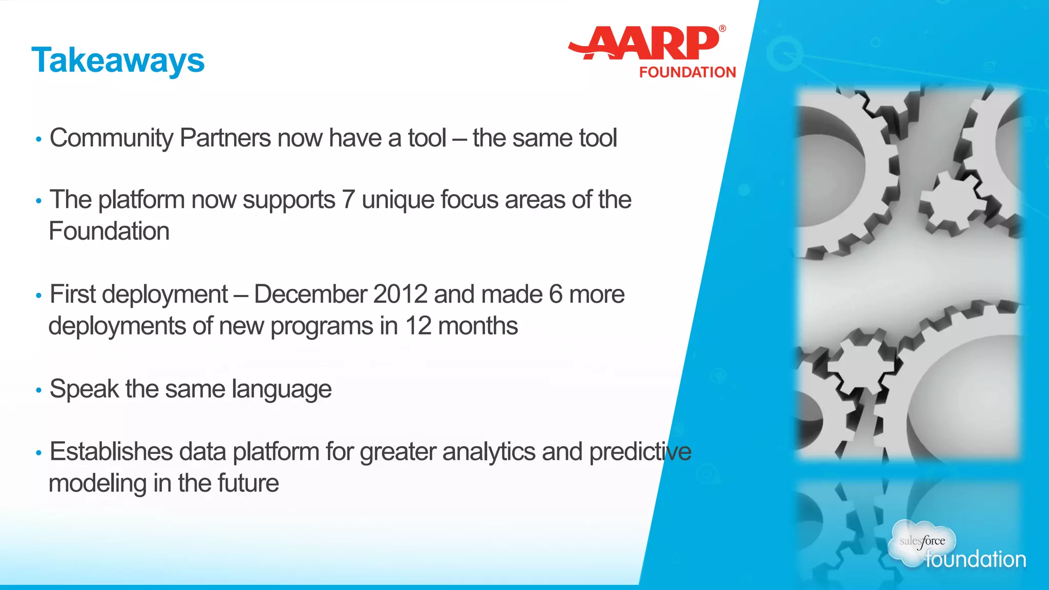 Takeaways
•  Community Partners now have a tool – the same tool
•  The platform now supports 7 unique focus areas of the
Foundation
•  First deployment – December 2012 and made 6 more
deployments of new programs in 12 months
•  Speak the same language
•  Establishes data platform for greater analytics and predictive
modeling in the future
 