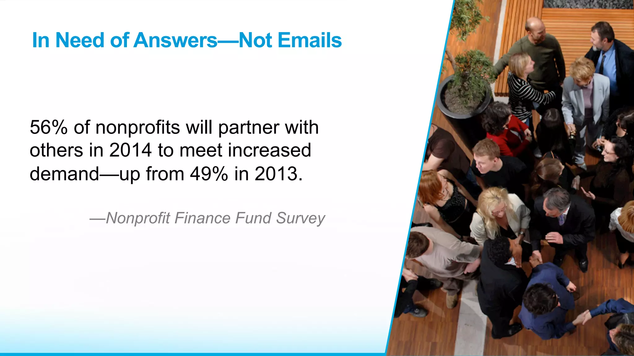 56% of nonprofits will partner with
others in 2014 to meet increased
demand—up from 49% in 2013.
—Nonprofit Finance Fund Survey
In Need of Answers—Not Emails
 