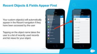 Recent Objects & Fields Appear First
Your custom object(s) will automatically
appear in the Recent navigation if they
have been accessed by the user
Tapping on the object name takes the
user to a list of recently used records
and list views for your object.
 