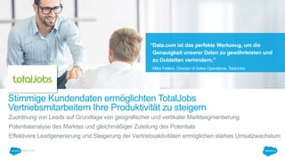 Stimmige Kundendaten ermöglichten TotalJobs
Vertriebsmitarbeitern Ihre Produktivität zu steigern
“Data.com ist das perfekte Werkzeug, um die
Genauigkeit unserer Daten zu gewährleisten und
zu Dubletten verhindern.”
-Mike Fetters, Director of Sales Operations, TotalJobs
Zuordnung von Leads auf Grundlage von geografischer und vertikaler Marktsegmentierung
Potentialanalyse des Marktes und gleichmäßiger Zuteilung des Potentials
Effektivere Leadgenerierung und Steigerung der Vertriebsaktivitäten ermöglichen starkes Umsatzwachstum
 