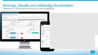 Die Neuerung bei Kundendaten in der Cloud
 Aktuelle Firmen und Kontakte mit einem
Klick
 Neue Leads mit D&B Daten
 Next-Generation Daten Plattform
 Echt-Zeit Hinweise und Aktualisierungen
 Sales intelligence
Stimmige, aktuelle und vollständige Kundendaten
Speziell für Salesforce entworfen und entwickelt
 