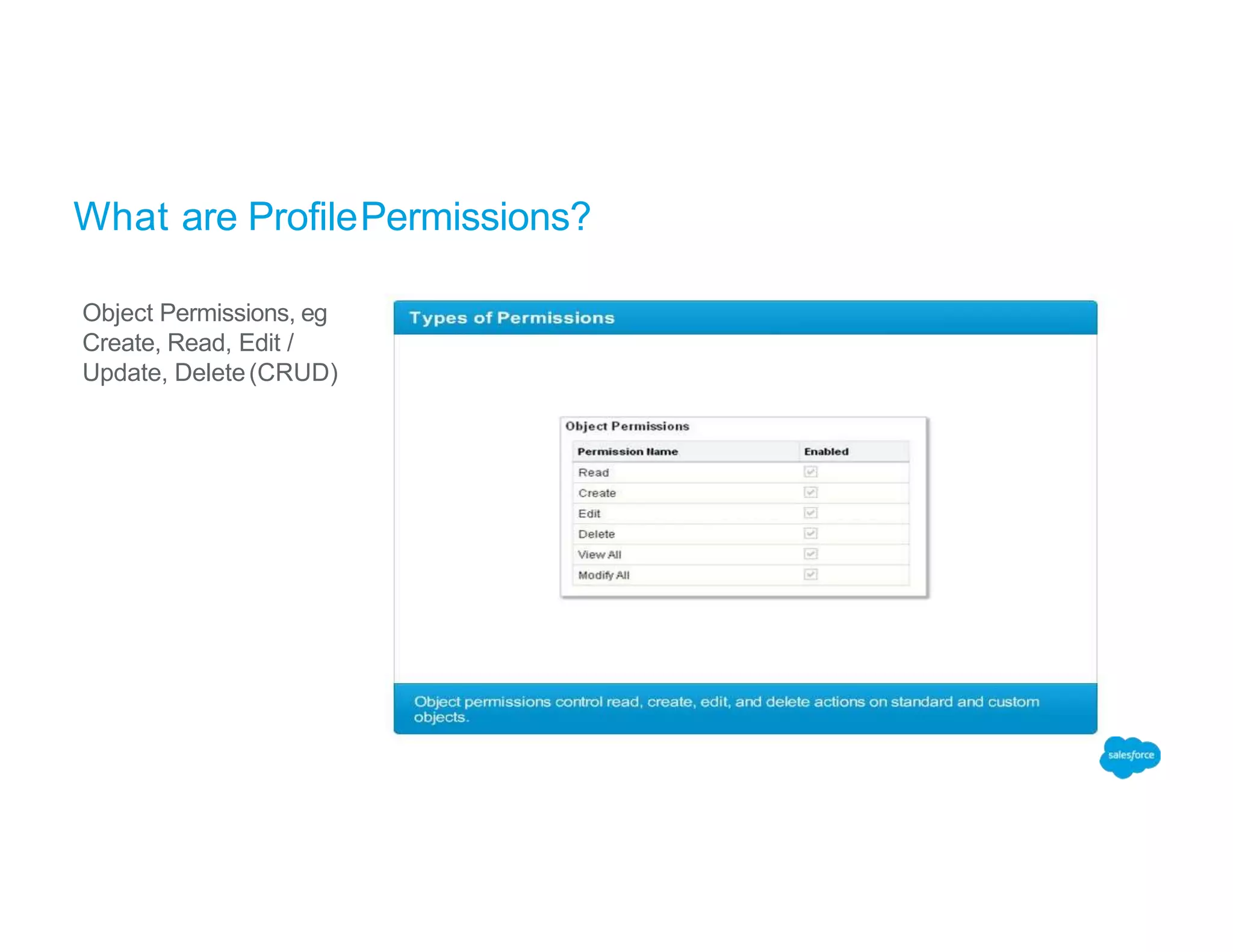What are ProfilePermissions?
Object Permissions, eg
Create, Read, Edit /
Update, Delete(CRUD)
 