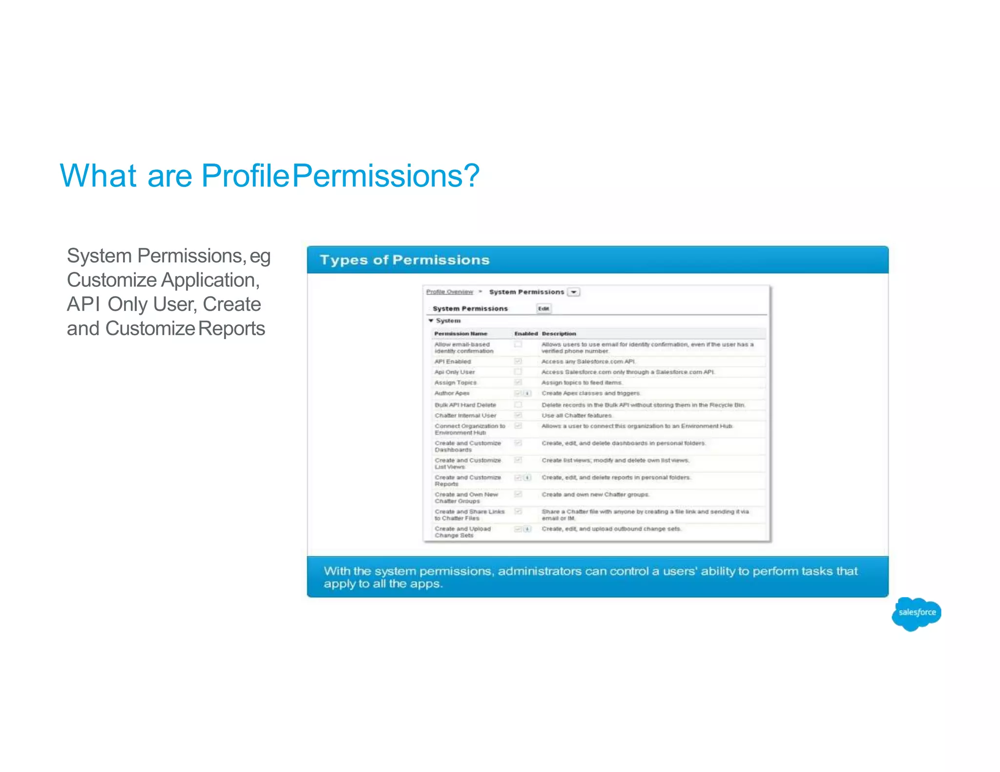 What are ProfilePermissions?
System Permissions,eg
Customize Application,
API Only User, Create
and CustomizeReports
 
