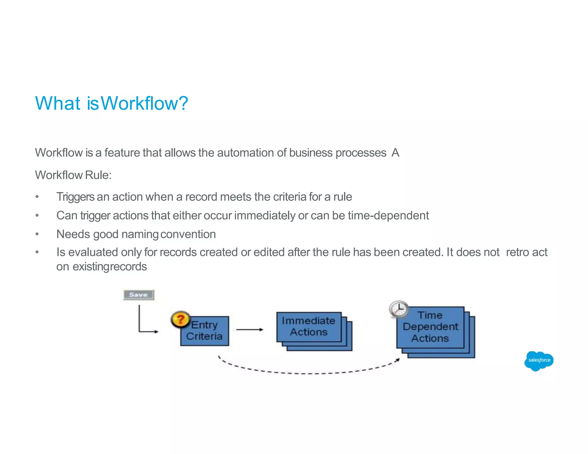 What isWorkflow?
Workflow is a feature that allows the automation of business processes A
Workflow Rule:
• Triggersan action when a record meets the criteria for a rule
• Can trigger actions that either occur immediately or can be time-dependent
• Needs good namingconvention
• Is evaluated only for records created or edited after the rule has been created. It does not retro act
on existingrecords
 