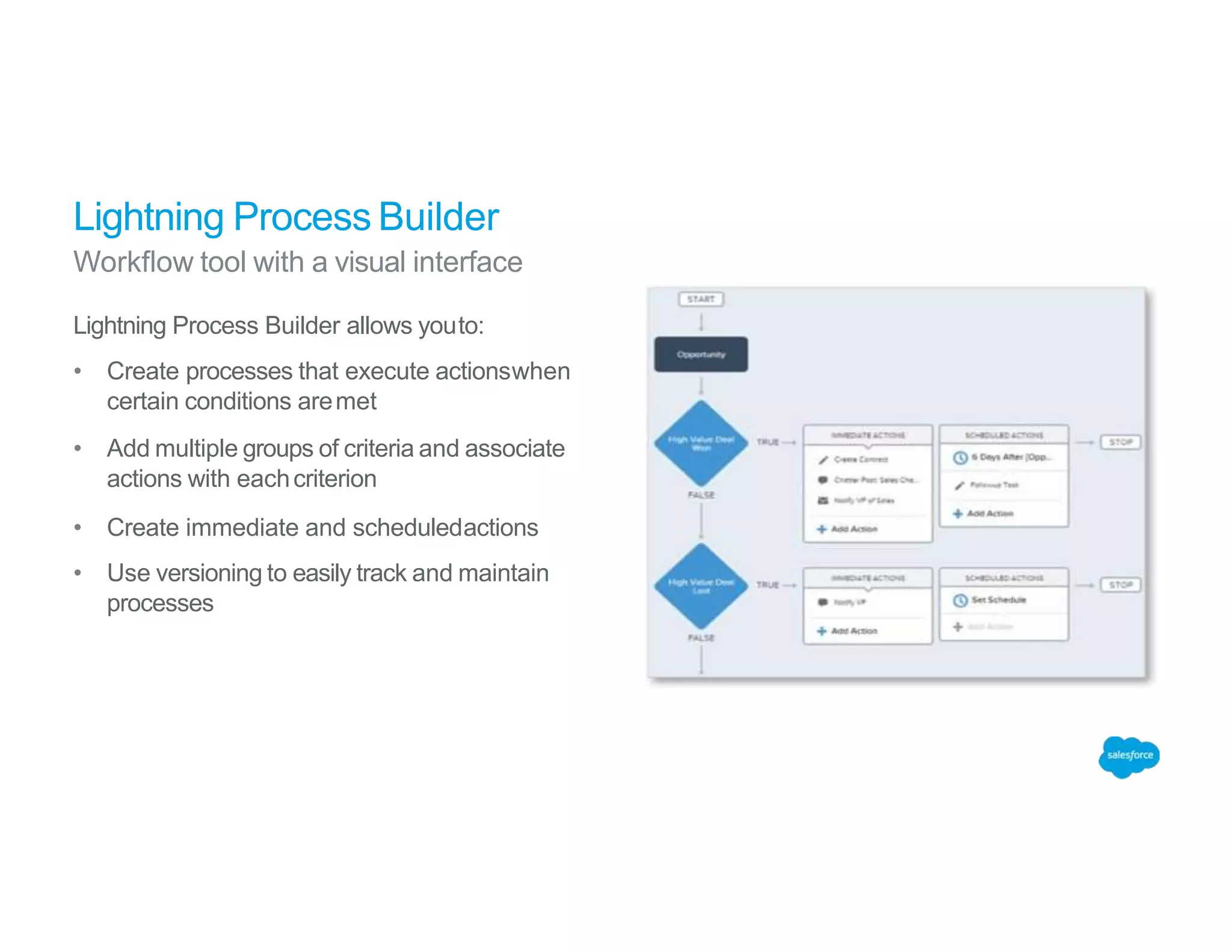 Lightning Process Builder
Workflow tool with a visual interface
Lightning Process Builder allows youto:
• Create processes that execute actionswhen
certain conditions aremet
• Add multiple groups of criteria and associate
actions with eachcriterion
• Create immediate and scheduledactions
• Use versioning to easily track and maintain
processes
 