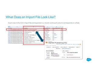 What Does an Import File Look Like?
Each row in the CSV import file corresponds to a record, and each column corresponds to a field.
 