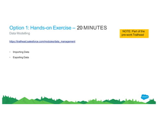 https://trailhead.salesforce.com/modules/data_management
• Importing Data
• Exporting Data
Option 1: Hands-on Exercise – 20 MINUTES
Data Modelling
NOTE: Part of the
pre-workTrailhead
 