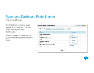 Report and Dashboard FolderSharing
Enhanced Model
Enhanced folder sharing gives
users finer control over how they
share their reports and
dashboards.
Different groups of users can be
given different access to thesame
folder.
 