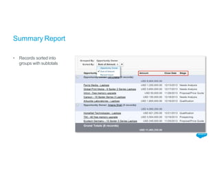 Summary Report
• Records sorted into
groups with subtotals
 
