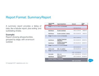 Report Format: SummaryReport
A summary report provides a listing of
data, like a tabular report, plus sorting and
subtotaling ofdata.
Example:
Report showing allopportunities,
grouped by stage, with anamount
subtotal
© Copyright 2011 salesforce.com, inc.
 