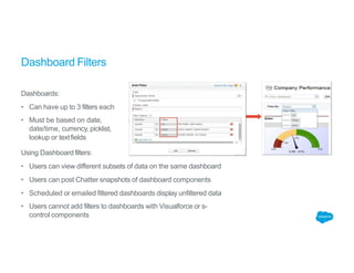 Dashboard Filters
Dashboards:
• Can have up to 3 filters each
• Must be based on date,
date/time, currency, picklist,
lookup or textfields
Using Dashboard filters:
• Users can view different subsets of data on the same dashboard
• Users can post Chatter snapshots of dashboard components
• Scheduled or emailed filtered dashboards display unfiltered data
• Users cannot add filters to dashboards with Visualforce or s-
control components
 