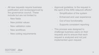 © 2015 Rightpoint Consulting LLC. All Rights Reserved 12
• All new requests require business
justification and review/approval by
the governance council. These
include but are not limited to:
‣ New fields
‣ New picklist values
‣ New validation rules
‣ New workflows
‣ New coding requirements
• Approval guideline: Is the request in
the spirit of the ARS relaunch efforts?
‣ Simplification of the system
‣ Enhanced end user experience
‣ Out of box functionality
‣ Supports consistent reporting
• This process was designed to
challenge business users on their
requests and to ensure that each
request is analyzed and not just
implemented upon request
 