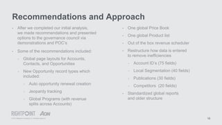 © 2015 Rightpoint Consulting LLC. All Rights Reserved
Recommendations and Approach
16
• After we completed our initial analysis,
we made recommendations and presented
options to the governance council via
demonstrations and POC’s
• Some of the recommendations included:
‣ Global page layouts for Accounts,
Contacts, and Opportunities
‣ New Opportunity record types which
included:
‣ Auto opportunity renewal creation
‣ Jeopardy tracking
‣ Global Programs (with revenue
splits across Accounts)
• One global Price Book
• One global Product list
• Out of the box revenue scheduler
• Restructure how data is entered
to remove inefficiencies
‣ Account ID’s (75 fields)
‣ Local Segmentation (40 fields)
‣ Publications (30 fields)
‣ Competitors (20 fields)
• Standardized global reports
and older structure
 