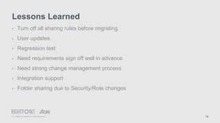 © 2015 Rightpoint Consulting LLC. All Rights Reserved
Lessons Learned
18
• Turn off all sharing rules before migrating
• User updates
• Regression test
• Need requirements sign off well in advance
• Need strong change management process
• Integration support
• Folder sharing due to Security/Role changes
 