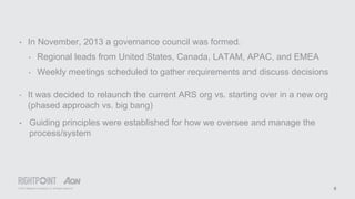 © 2015 Rightpoint Consulting LLC. All Rights Reserved 8
• In November, 2013 a governance council was formed.
‣ Regional leads from United States, Canada, LATAM, APAC, and EMEA
‣ Weekly meetings scheduled to gather requirements and discuss decisions
‣ It was decided to relaunch the current ARS org vs. starting over in a new org
(phased approach vs. big bang)
• Guiding principles were established for how we oversee and manage the
process/system
 