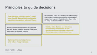 © 2015 Rightpoint Consulting LLC. All Rights Reserved 9
Just because you can doesn’t mean
you should. Make global sustainable
decisions consistent with our Vision.
Maximize the value of Salesforce as a knowledge
sharing and collaboration tool for colleagues to
expand and improve the distinctive client value
we bring to clients and future clients.
Avoid code customization of systems
except where there is a clear short and
long term economic benefit.
Optimize the user experience
and value – keep it simple.
Until the Sales Machine and Salesforce
becomes fully implemented all cost
allocations should encourage rather than
discourage proper and consistent use.
Principles to guide decisions
 