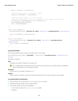 Results response = new Results();
//Add the return values to the Results object
response.outputMember = outputMember;
//Wrap the Results object in a List container
//(an extra step added to allow this interface to also support bulkification)
List<Results> responseWrapper= new List<Results>();
responseWrapper.add(response);
return responseWrapper;
}
}
public class Requests {
@InvocableVariable(label='Records for Input' description='yourDescription' required=true)
public List<SObject> inputCollection;
}
public class Results {
@InvocableVariable(label='Records for Output' description='yourDescription'
required=true)
public SObject outputMember;
}
}
Supported Modifiers
The invocable variable annotation supports the modifiers shown in this example.
@InvocableVariable(label='yourLabel' description='yourDescription' required=(true |
false))
All modifiers are optional.
label
The label for the variable. The default is the variable name.
Tip: This label appears in Flow Builder for the Action element that corresponds to an invocable method. This label helps
admins understand how to use the variable in the flow.
description
The description for the variable. The default is Null.
required
Specifies whether the variable is required. If not specified, the default is false. The value is ignored for output variables.
InvocableVariable Considerations
• Other annotations can’t be used with the InvocableVariable annotation.
• Only global and public variables can be invocable variables.
• The invocable variable can’t be one of the following:
– A non-member variable such as a static or local variable.
– A property.
97
Classes, Objects, and Interfaces
Apex Developer Guide
 