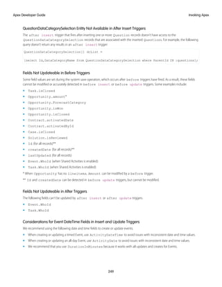 QuestionDataCategorySelection Entity Not Available in After Insert Triggers
The after insert trigger that fires after inserting one or more Question records doesn’t have access to the
QuestionDataCategorySelection records that are associated with the inserted Questions. For example, the following
query doesn’t return any results in an after insert trigger:
QuestionDataCategorySelection[] dcList =
[select Id,DataCategoryName from QuestionDataCategorySelection where ParentId IN :questions];
Fields Not Updateable in Before Triggers
Some field values are set during the system save operation, which occurs after before triggers have fired. As a result, these fields
cannot be modified or accurately detected in before insert or before update triggers. Some examples include:
• Task.isClosed
• Opportunity.amount*
• Opportunity.ForecastCategory
• Opportunity.isWon
• Opportunity.isClosed
• Contract.activatedDate
• Contract.activatedById
• Case.isClosed
• Solution.isReviewed
• Id (for all records)**
• createdDate (for all records)**
• lastUpdated (for all records)
• Event.WhoId (when Shared Activities is enabled)
• Task.WhoId (when Shared Activities is enabled)
* When Opportunity has no lineitems, Amount can be modified by a before trigger.
** Id and createdDate can be detected in before update triggers, but cannot be modified.
Fields Not Updateable in After Triggers
The following fields can’t be updated by after insert or after update triggers.
• Event.WhoId
• Task.WhoId
Considerations for Event DateTime Fields in Insert and Update Triggers
We recommend using the following date and time fields to create or update events.
• When creating or updating a timed Event, use ActivityDateTime to avoid issues with inconsistent date and time values.
• When creating or updating an all-day Event, use ActivityDate to avoid issues with inconsistent date and time values.
• We recommend that you use DurationInMinutes because it works with all updates and creates for Events.
249
Invoking Apex
Apex Developer Guide
 