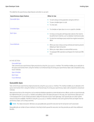 This table lists the asynchronous Apex features and when to use each.
When to Use
Asynchronous Apex Feature
Queueable Apex • To start a long-running operation and get an ID for it
• To pass complex types to a job
• To chain jobs
Scheduled Apex • To schedule an Apex class to run on a specific schedule
Batch Apex • For long-running jobs with large data volumes that need to
be performed in batches, such as database maintenance jobs
• Forjobsthatneedlargerqueryresultsthanregulartransactions
allow
Future Methods • When you have a long-running method and need to prevent
delaying an Apex transaction
• When you make callouts to external Web services
• To segregate DML operations and bypass the mixed save DML
error
IN THIS SECTION:
Queueable Apex
Take control of your asynchronous Apex processes by using the Queueable interface. This interface enables you to add jobs to
the queue and monitor them. Using the interface is an enhanced way of running your asynchronous Apex code compared to using
future methods.
Apex Scheduler
Batch Apex
Future Methods
Queueable Apex
Take control of your asynchronous Apex processes by using the Queueable interface. This interface enables you to add jobs to the
queue and monitor them. Using the interface is an enhanced way of running your asynchronous Apex code compared to using future
methods.
Apexprocessesthatrunforalongtime,suchasextensivedatabaseoperationsorexternalwebservicecallouts,canberunasynchronously
by implementing the Queueable interface and adding a job to the Apex job queue. In this way, your asynchronous Apex job runs
in the background in its own thread and doesn’t delay the execution of your main Apex logic. Each queued job runs when system
resources become available. A benefit of using the Queueable interface methods is that some governor limits are higher than for
synchronous Apex, such as heap size limits.
Note: If an Apex transaction rolls back, any queueable jobs queued for execution by the transaction aren’t processed.
Queueable jobs are similar to future methods in that they’re both queued for execution, but they provide you with these additional
benefits.
255
Invoking Apex
Apex Developer Guide
 
