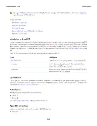 Tip: Apex SOAP web services allow an external application to invoke Apex methods through SOAP web services. See Exposing
Apex Methods as SOAP Web Services.
IN THIS SECTION:
Introduction to Apex REST
Apex REST Annotations
Apex REST Methods
Exposing Data with Apex REST Web Service Methods
Apex REST Code Samples
Introduction to Apex REST
You can expose your Apex class and methods so that external applications can access your code and your application through the REST
architecture. This is done by defining your Apex class with the @RestResource annotation to expose it as a REST resource. Similarly,
add annotations to your methods to expose them through REST. For example, you can add the @HttpGet annotation to your method
to expose it as a REST resource that can be called by an HTTP GET request. For more information, see Apex REST Annotations on page
106
These are the classes containing methods and properties you can use with Apex REST.
Description
Class
Contains the RestRequest and RestResponse objects.
RestContext Class
Use the System.RestRequest class to access and pass
request data in a RESTful Apex method.
request
Represents an object used to pass data from an Apex RESTful Web
service method to an HTTP response.
response
Governor Limits
Calls to Apex REST classes count against the organization's API governor limits. All standard Apex governor limits apply to Apex REST
classes. For example, the maximum request or response size is 6 MB for synchronous Apex or 12 MB for asynchronous Apex. For more
information, see Execution Governors and Limits.
Authentication
Apex REST supports these authentication mechanisms:
• OAuth 2.0
• Session ID
See Step Two: Set Up Authorization in the REST API Developer Guide.
Apex REST Annotations
Use these annotations to expose an Apex class as a RESTful Web service.
• @ReadOnly
295
Invoking Apex
Apex Developer Guide
 