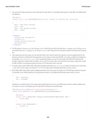• The names of the Apex parameters matter, although the order doesn’t. For example, valid requests in both XML and JSON look like
the following:
@HttpPost
global static void myPostMethod(String s1, Integer i1, Boolean b1, String s2)
{
"s1" : "my first string",
"i1" : 123,
"s2" : "my second string",
"b1" : false
}
<request>
<s1>my first string</s1>
<i1>123</i1>
<s2>my second string</s2>
<b1>false</b1>
</request>
• The URL patterns URLpattern and URLpattern/* match the same URL. If one class has a urlMapping of URLpattern
and another class has a urlMapping of URLpattern/*, a REST request for this URL pattern resolves to the class that was saved
first.
• Some parameter and return types can't be used with XML as the Content-Type for the request or as the accepted format for the
response, and hence, methods with these parameter or return types can't be used with XML. Lists, maps, or collections of collections,
for example, List<List<String>> aren't supported. However, you can use these types with JSON. If the parameter list
includes a type that's invalid for XML and XML is sent, an HTTP 415 status code is returned. If the return type is a type that's invalid
for XML and XML is the requested response format, an HTTP 406 status code is returned.
• ForrequestdataineitherJSONorXML,validvaluesforBooleanparametersare: true, false (botharetreatedascase-insensitive),
1 and 0 (the numeric values, not strings of “1” or “0”). Any other values for Boolean parameters result in an error.
• IftheJSONorXMLrequestdatacontainsmultipleparametersofthesamename,thisresultsinanHTTP400statuscodeerrorresponse.
For example, if your method specifies an input parameter named x, the following JSON request data results in an error:
{
"x" : "value1",
"x" : "value2"
}
Similarly, for user-defined types, if the request data includes data for the same user-defined type member variable multiple times,
this results in an error. For example, given this Apex REST method and user-defined type:
@RestResource(urlMapping='/DuplicateParamsExample/*')
global with sharing class ApexRESTDuplicateParamsExample {
@HttpPost
global static MyUserDef1 doDuplicateParamsTest(MyUserDef1 def) {
return def;
}
global class MyUserDef1 {
Integer i;
}
299
Invoking Apex
Apex Developer Guide
 