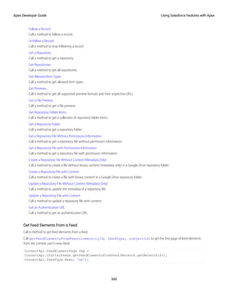 Follow a Record
Call a method to follow a record.
Unfollow a Record
Call a method to stop following a record.
Get a Repository
Call a method to get a repository.
Get Repositories
Call a method to get all repositories.
Get Allowed Item Types
Call a method to get allowed item types.
Get Previews
Call a method to get all supported preview formats and their respective URLs.
Get a File Preview
Call a method to get a file preview.
Get Repository Folder Items
Call a method to get a collection of repository folder items.
Get a Repository Folder
Call a method to get a repository folder.
Get a Repository File Without Permissions Information
Call a method to get a repository file without permission information.
Get a Repository File with Permissions Information
Call a method to get a repository file with permission information.
Create a Repository File Without Content (Metadata Only)
Call a method to create a file without binary content (metadata only) in a Google Drive repository folder.
Create a Repository File with Content
Call a method to create a file with binary content in a Google Drive repository folder.
Update a Repository File Without Content (Metadata Only)
Call a method to update the metadata of a repository file.
Update a Repository File with Content
Call a method to update a repository file with content.
Get an Authentication URL
Call a method to get an authentication URL.
Get Feed Elements From a Feed
Call a method to get feed elements from a feed.
Call getFeedElementsFromFeed(communityId, feedType, subjectId) to get the first page of feed elements
from the context user’s news feed.
ConnectApi.FeedElementPage fep =
ConnectApi.ChatterFeeds.getFeedElementsFromFeed(Network.getNetworkId(),
ConnectApi.FeedType.News, 'me');
360
Using Salesforce Features with Apex
Apex Developer Guide
 