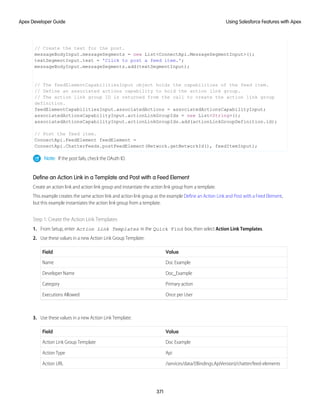 // Create the text for the post.
messageBodyInput.messageSegments = new List<ConnectApi.MessageSegmentInput>();
textSegmentInput.text = 'Click to post a feed item.';
messageBodyInput.messageSegments.add(textSegmentInput);
// The feedElementCapabilitiesInput object holds the capabilities of the feed item.
// Define an associated actions capability to hold the action link group.
// The action link group ID is returned from the call to create the action link group
definition.
feedElementCapabilitiesInput.associatedActions = associatedActionsCapabilityInput;
associatedActionsCapabilityInput.actionLinkGroupIds = new List<String>();
associatedActionsCapabilityInput.actionLinkGroupIds.add(actionLinkGroupDefinition.id);
// Post the feed item.
ConnectApi.FeedElement feedElement =
ConnectApi.ChatterFeeds.postFeedElement(Network.getNetworkId(), feedItemInput);
Note: If the post fails, check the OAuth ID.
Define an Action Link in a Template and Post with a Feed Element
Create an action link and action link group and instantiate the action link group from a template.
This example creates the same action link and action link group as the example Define an Action Link and Post with a Feed Element,
but this example instantiates the action link group from a template.
Step 1: Create the Action Link Templates
1. From Setup, enter Action Link Templates in the Quick Find box, then select Action Link Templates.
2. Use these values in a new Action Link Group Template:
Value
Field
Doc Example
Name
Doc_Example
Developer Name
Primary action
Category
Once per User
Executions Allowed
3. Use these values in a new Action Link Template:
Value
Field
Doc Example
Action Link Group Template
Api
Action Type
/services/data/{!Bindings.ApiVersion}/chatter/feed-elements
Action URL
371
Using Salesforce Features with Apex
Apex Developer Guide
 