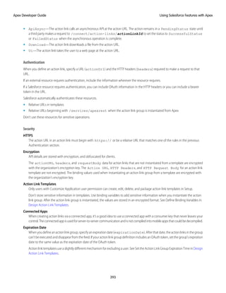 • ApiAsync—The action link calls an asynchronous API at the action URL. The action remains in a PendingStatus state until
a third party makes a request to /connect/action-links/actionLinkId to set the status to SuccessfulStatus
or FailedStatus when the asynchronous operation is complete.
• Download—The action link downloads a file from the action URL.
• Ui—The action link takes the user to a web page at the action URL.
Authentication
When you define an action link, specify a URL (actionUrl) and the HTTP headers (headers) required to make a request to that
URL.
If an external resource requires authentication, include the information wherever the resource requires.
If a Salesforce resource requires authentication, you can include OAuth information in the HTTP headers or you can include a bearer
token in the URL.
Salesforce automatically authenticates these resources.
• Relative URLs in templates
• Relative URLs beginning with /services/apexrest when the action link group is instantiated from Apex
Don’t use these resources for sensitive operations.
Security
HTTPS
The action URL in an action link must begin with https:// or be a relative URL that matches one of the rules in the previous
Authentication section.
Encryption
API details are stored with encryption, and obfuscated for clients.
The actionURL, headers, and requestBody data for action links that are not instantiated from a template are encrypted
with the organization’s encryption key. The Action URL, HTTP Headers, and HTTP Request Body for an action link
template are not encrypted. The binding values used when instantiating an action link group from a template are encrypted with
the organization’s encryption key.
Action Link Templates
Only users with Customize Application user permission can create, edit, delete, and package action link templates in Setup.
Don’t store sensitive information in templates. Use binding variables to add sensitive information when you instantiate the action
link group. After the action link group is instantiated, the values are stored in an encrypted format. See Define Binding Variables in
Design Action Link Templates.
Connected Apps
When creating action links via a connected app, it's a good idea to use a connected app with a consumer key that never leaves your
control.Theconnectedappisusedforserver-to-servercommunicationandisnotcompiledintomobileappsthatcouldbedecompiled.
Expiration Date
Whenyoudefineanactionlinkgroup,specifyanexpirationdate(expirationDate).Afterthatdate,theactionlinksinthegroup
can’t be executed and disappear from the feed. If your action link group definition includes an OAuth token, set the group’s expiration
date to the same value as the expiration date of the OAuth token.
Actionlinktemplatesuseaslightlydifferentmechanismforexcludingauser.SeeSettheActionLinkGroupExpirationTimeinDesign
Action Link Templates.
393
Using Salesforce Features with Apex
Apex Developer Guide
 