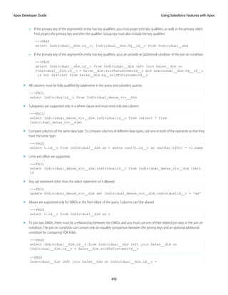 – If the primary key of the segmentOn entity has key qualifiers, you must project the key qualifiers, as well, in the primary select.
First project the primary key and then the qualifier. Group bys must also include the key qualifiers.
---PASS
select Individual__dlm.id__c, Individual__dlm.fq__id__c from Individual__dlm
– If the primary key of the segmentOn entity has key qualifiers, you can provide an additional condition in the join on condition.
---PASS
select Individual__dlm.id__c from Individual__dlm left join Sales__dlm on
Individual__dlm.id__c = Sales__dlm.soldToCustomerId__c and Individual__dlm.kq__id__c
is not distinct from Sales__dlm.kq__soldToCustomerId__c
• All columns must be fully qualified by tablename in the query and subselect queries.
---FAIL
select individualid__c from Individual_dense_viv__dlm
• Subqueries are supported only in a where clause and must emit only one column.
---FAIL
select Individual_dense_viv__dlm.individualid__c from (select * from
Individual_dense_viv__dlm)
• Compare columns of the same data type. To compare columns of different data types, cast one or both of the operands so that they
have the same type.
---PASS
select t.id__c from Individual__dlm as t where cast(t.id__c as varchar(100)) = t1.name
• Limit and offset are supported.
---FAIL
select Individual_dense_viv__dlm.individualid__c from Individual_dense_viv__dlm limit
10
• Any sql statement other than the select statement isn’t allowed.
---FAIL
update Individual_dense_viv__dlm set Individual_dense_viv__dlm.individualid__c = 'aa'
• Aliases are supported only for DMOs in the from block of the query. Columns can’t be aliased.
---PASS
select t.id__c from Individual__dlm as t
• To join two DMOs, there must be a relationship between the DMOs, and you must use one of their related join keys in the join on
condition. The join on condition can contain only an equality comparison between the joining keys and an optional additional
condition for comparing FQK fields.
---PASS
select Individual__dlm.id__c from Individual__dlm left join Sales__dlm on
Individual__dlm.id__c = Sales__dlm.soldToCustomerId__c
--PASS
Individual__dlm left join Sales__dlm on Individual__dlm.id__c =
410
Using Salesforce Features with Apex
Apex Developer Guide
 