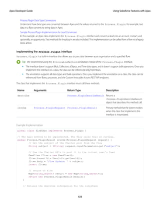 Process.Plugin Data Type Conversions
Understand how data types are converted between Apex and the values returned to the Process.Plugin. For example, text
data in a flow converts to string data in Apex.
Sample Process.Plugin Implementation for Lead Conversion
In this example, an Apex class implements the Process.Plugin interface and converts a lead into an account, contact, and
optionally, an opportunity. Test methods for the plug-in are also included. This implementation can be called from a flow via a legacy
Apex action.
Implementing the Process.Plugin Interface
Process.Plugin is a built-in interface that allows you to pass data between your organization and a specified flow.
Tip: We recommend using the @InvocableMethod annotation instead of the Process.Plugin interface.
• The interface doesn’t support Blob, Collection, sObject, and Time data types, and it doesn’t support bulk operations. Once you
implement the interface on a class, the class can be referenced only from flows.
• The annotation supports all data types and bulk operations. Once you implement the annotation on a class, the class can be
referenced from flows, processes, and the Custom Invocable Actions REST API endpoint.
The class that implements the Process.Plugin interface must call these methods.
Description
Return Type
Arguments
Name
Returns a
Process.PluginDescribeResult
object that describes this method call.
Process.PluginDescribeResult
describe
Primarymethodthatthesysteminvokes
when the class that implements the
interface is instantiated.
Process.PluginResult
Process.PluginRequest
invoke
Example Implementation
global class flowChat implements Process.Plugin {
// The main method to be implemented. The Flow calls this at runtime.
global Process.PluginResult invoke(Process.PluginRequest request) {
// Get the subject of the Chatter post from the flow
String subject = (String) request.inputParameters.get('subject');
// Use the Chatter APIs to post it to the current user's feed
FeedItem fItem = new FeedItem();
fItem.ParentId = UserInfo.getUserId();
fItem.Body = 'Flow Update: ' + subject;
insert fItem;
// return to Flow
Map<String,Object> result = new Map<String,Object>();
return new Process.PluginResult(result);
}
// Returns the describe information for the interface
428
Using Salesforce Features with Apex
Apex Developer Guide
 