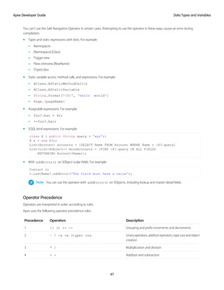 You can’t use the Safe Navigation Operator in certain cases. Attempting to use the operator in these ways causes an error during
compilation:
• Types and static expressions with dots. For example:
– Namespaces
– {Namespace}.{Class}
– Trigger.new
– Flow.interview.{flowName}
– {Type}.class
• Static variable access, method calls, and expressions. For example:
– AClass.AStaticMethodCall()
– AClass.AStaticVariable
– String.format('{0}', 'hello world')
– Page.{pageName}
• Assignable expressions. For example:
– foo?.bar = 42;
– ++foo?.bar;
• SOQL bind expressions. For example:
class X { public String query = 'xyz';}
X x = new X();
List<Account> accounts = [SELECT Name FROM Account WHERE Name = :X?.query]
List<List<SObject>> moreAccounts = [FIND :X?.query IN ALL FIELDS
RETURNING Account(Name)];
• With addError() on SObject scalar fields. For example:
Contact c;
c.LastName?.addError('The field must have a value');
Note: You can use the operator with addError() on SObjects, including lookup and master-detail fields.
Operator Precedence
Operators are interpreted in order, according to rules.
Apex uses the following operator precedence rules:
Description
Operators
Precedence
Grouping and prefix increments and decrements
{} () ++ --
1
Unaryoperators,additiveoperators,typecastandobject
creation
~ ! -x +x (type) new
2
Multiplication and division
* /
3
Addition and subtraction
+ -
4
47
Data Types and Variables
Apex Developer Guide
 