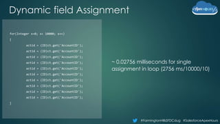 #FarmingtonHillsSFDCdug #SalesforceApexHours
Dynamic field Assignment
~ 0.02756 milliseconds for single
assignment in loop (2756 ms/10000/10)
for(Integer x=0; x< 10000; x++)
{
actid = (ID)ct.get('AccountID');
actid = (ID)ct.get('AccountID');
actid = (ID)ct.get('AccountID');
actid = (ID)ct.get('AccountID');
actid = (ID)ct.get('AccountID');
actid = (ID)ct.get('AccountID');
actid = (ID)ct.get('AccountID');
actid = (ID)ct.get('AccountID');
actid = (ID)ct.get('AccountID');
actid = (ID)ct.get('AccountID');
}
 