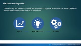 #FarmingtonHillsSFDCdug #SalesforceApexHours
Machine Learning and AI
Deep learning is a subset of machine learning methodology that works based on learning from the
data representations instead of specific algorithms
 