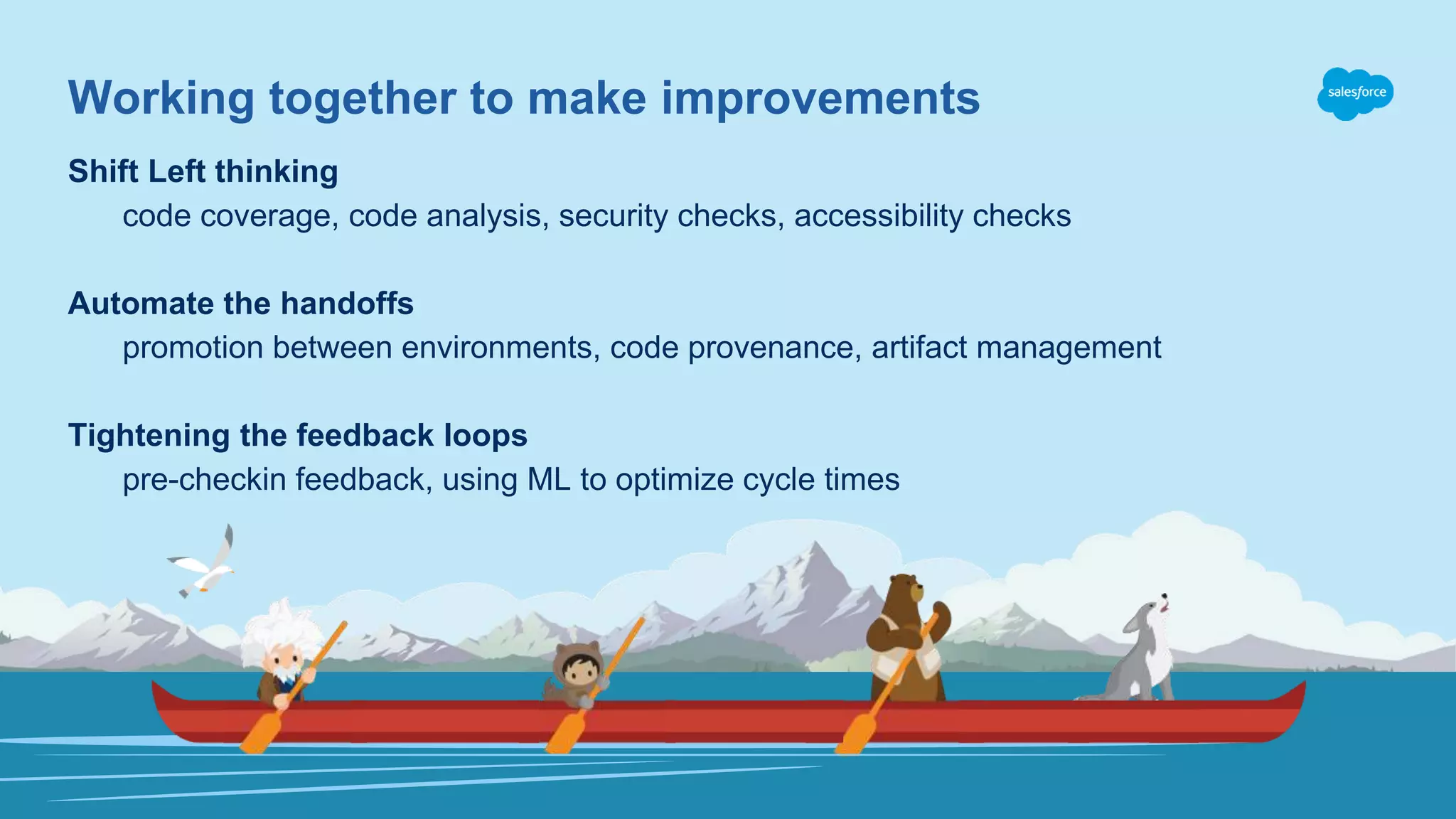 Shift Left thinking
code coverage, code analysis, security checks, accessibility checks
Automate the handoffs
promotion between environments, code provenance, artifact management
Tightening the feedback loops
pre-checkin feedback, using ML to optimize cycle times
Working together to make improvements
 